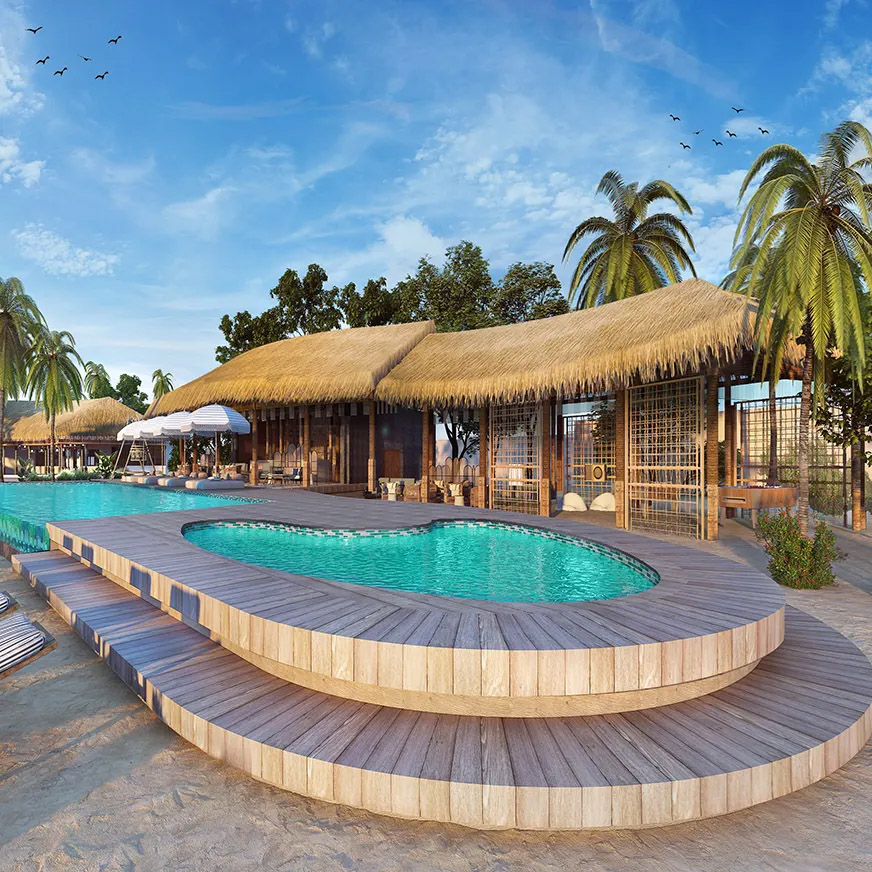 Pool with tiki hut